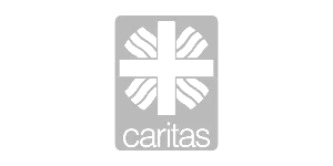 Graues Caritas-Logo mit weißem Kreuz und stilisiertem Herzsymbol im Quadrat